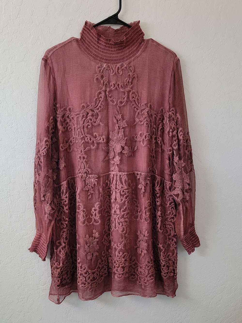 Soft Surroundings Silk Blend Dusty Rose Embroidered Smock Neck Tunic Boho Blouse
